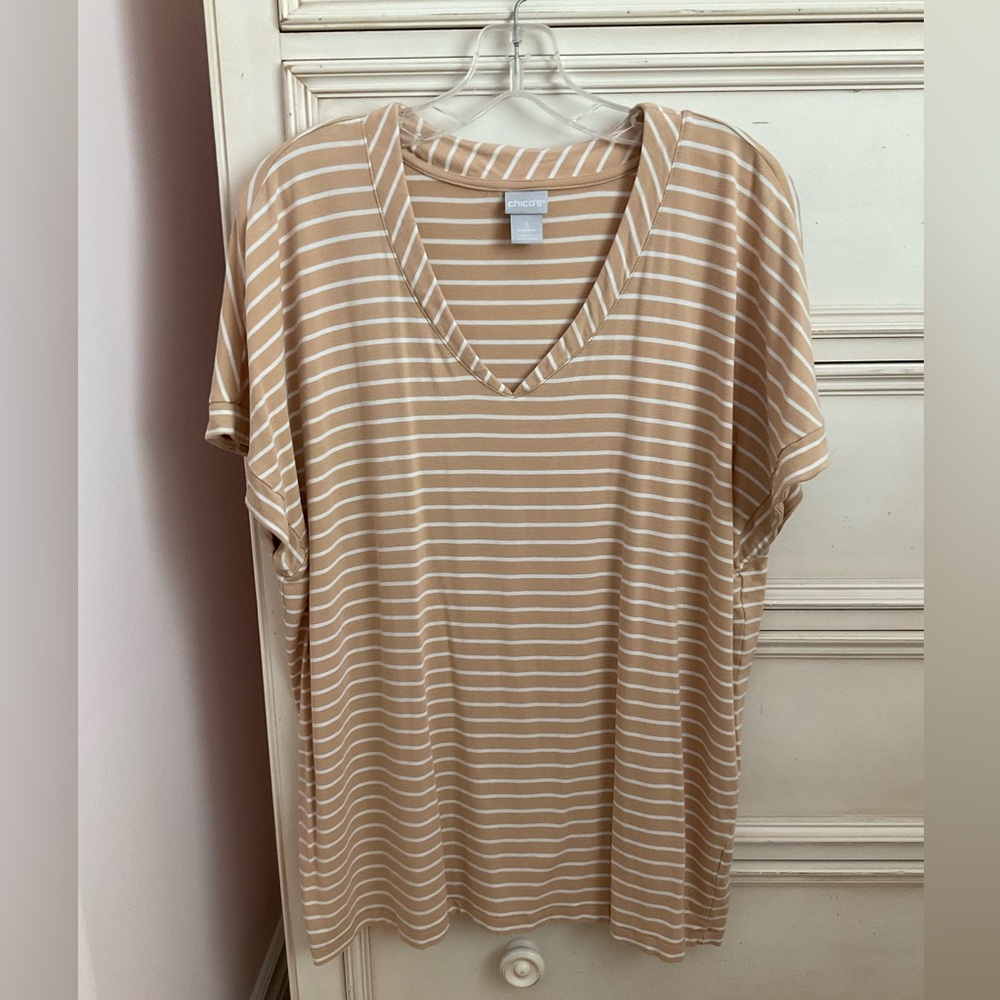 Chico's Tan Dolman Sleeve Relaxed T-Shirt Striped XL